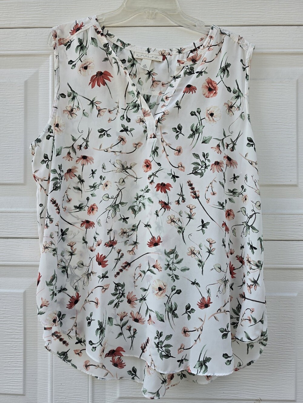 Emaline Floral Sleeveless V-Neck Top White with Orange & Green Floral Print